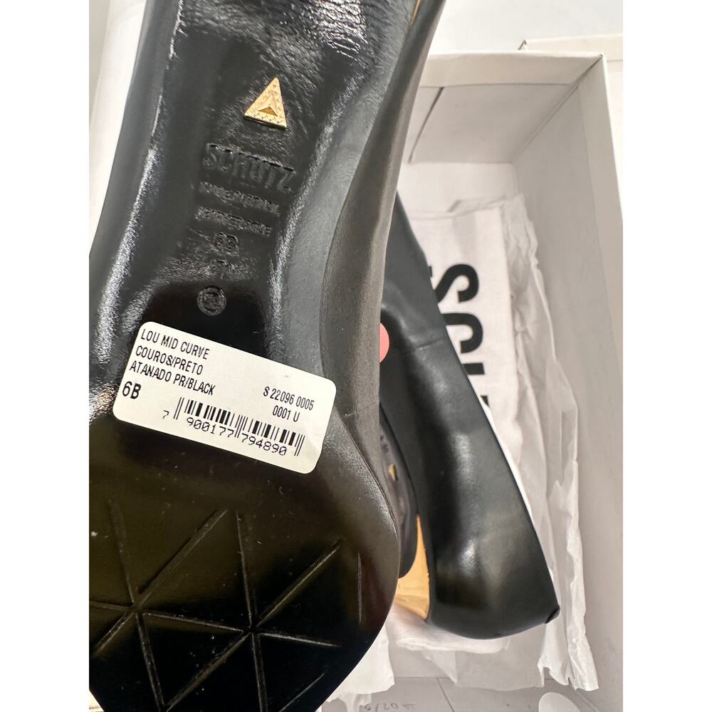 SCHUTZ New in Box Lou Mid Curve Pump Heel Black Leather with Gold Heel // 6 - Picture 8 of 9